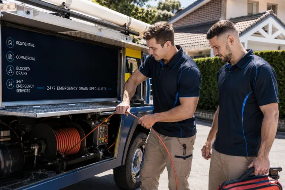 Two plumbers working on a blocked drain in Epping