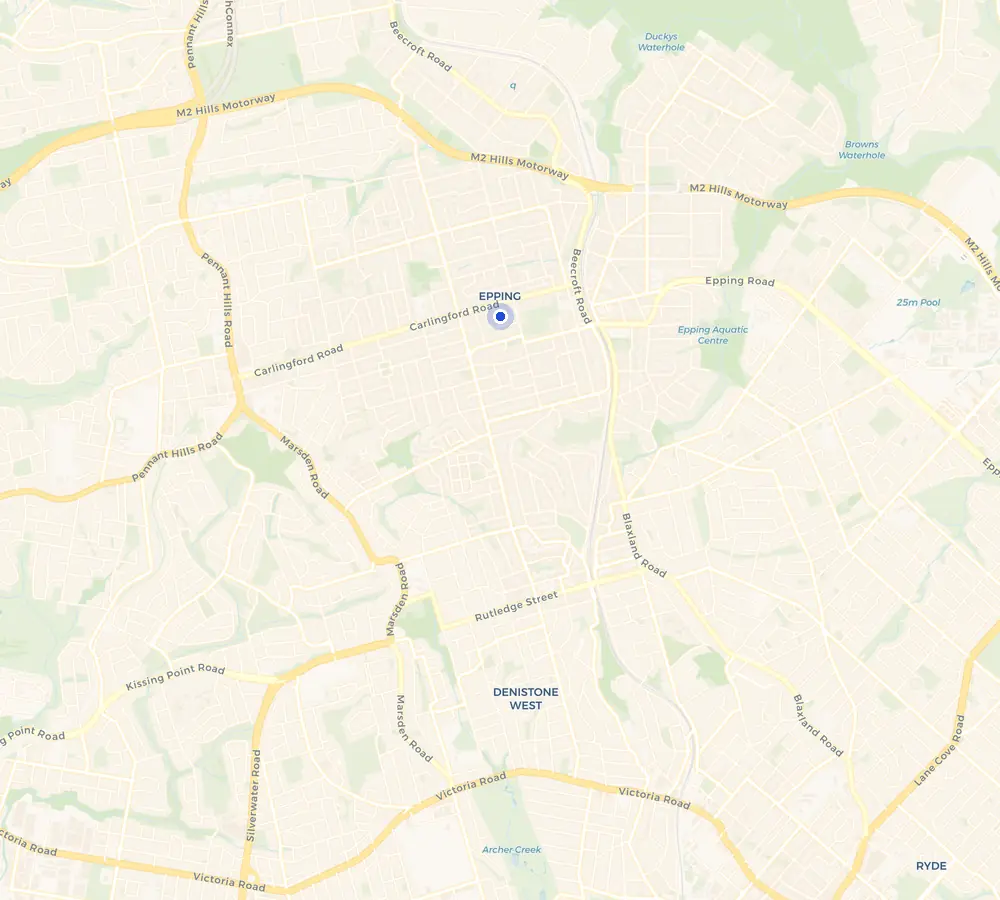 Map of the Epping service area and the surrounding Northern Suburbs, showing Epping and the nearby streets we cover.