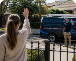 Customer waving goodbye to a Epping Blocked Drains plumber